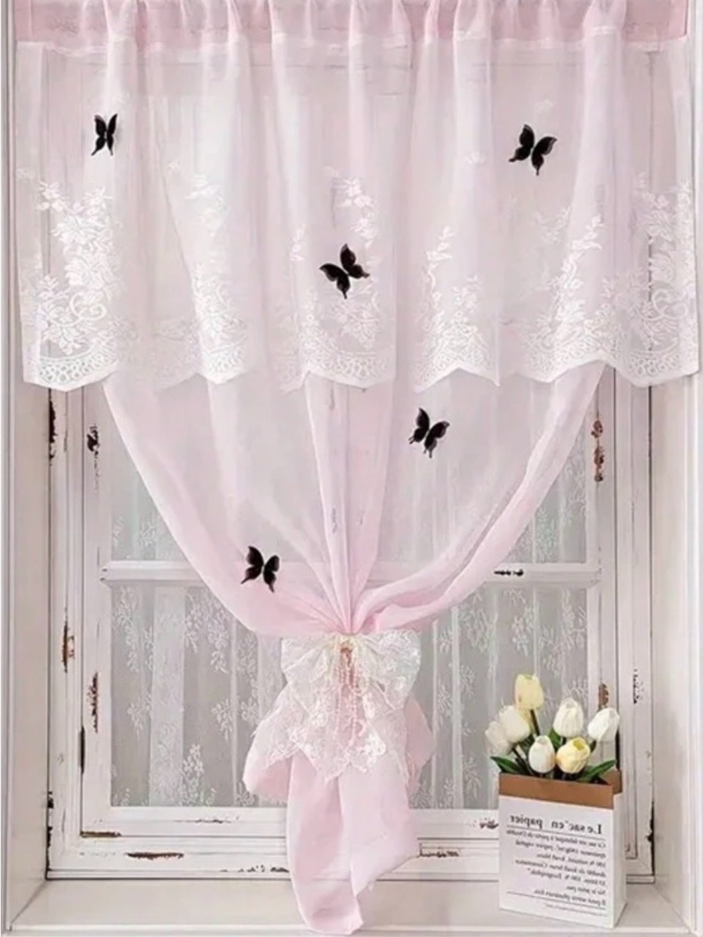 🌸. Sheer Pink Butterfly Lace Curtain Panel